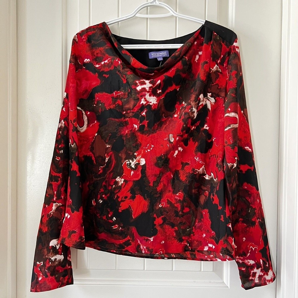 Vivienne Tam NWT Size 8 Red Black Draped Cowl Neck Long Sleeve Top Abstract Art